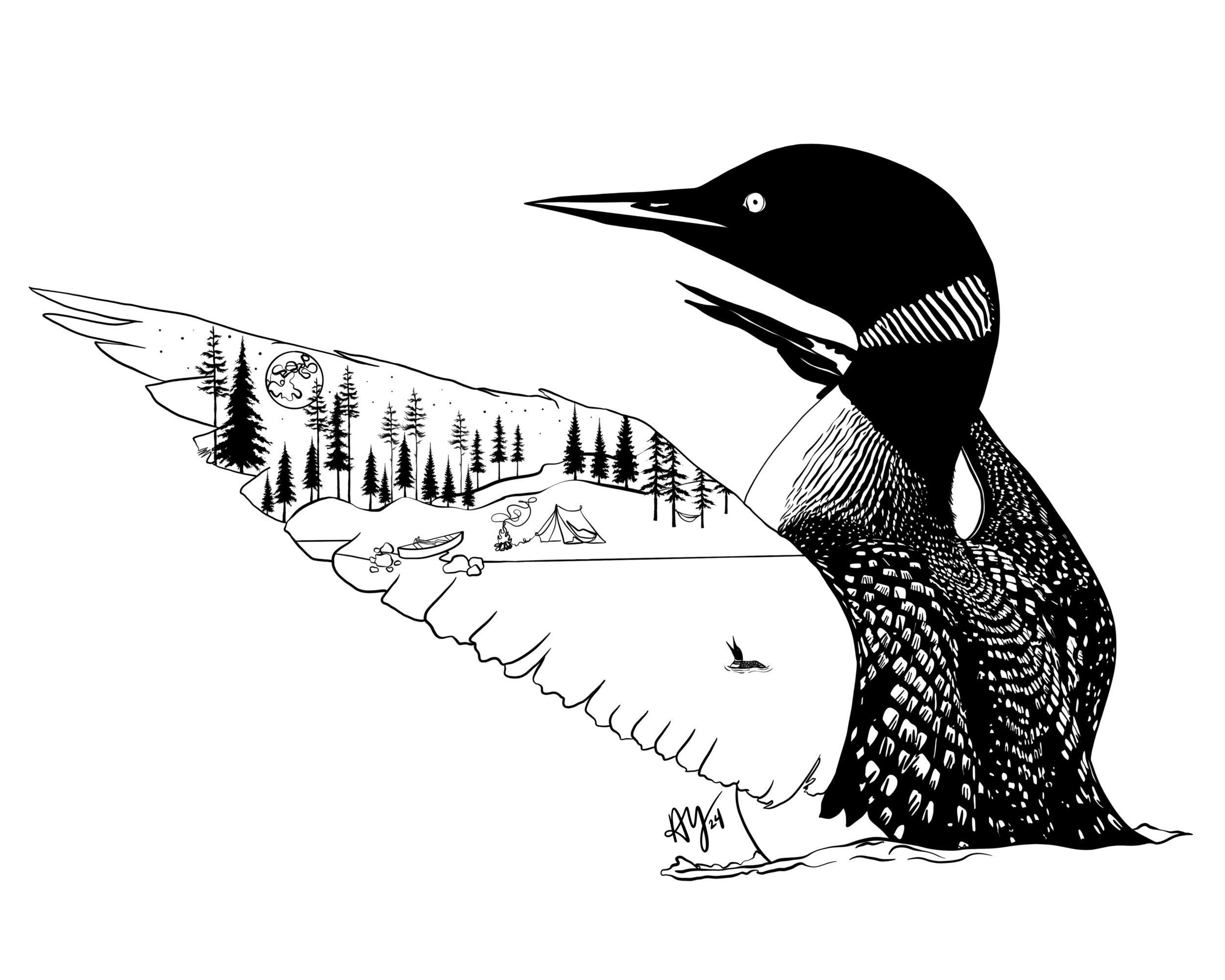 A black and white illustration of a bird with a landscape inside its wing, including trees, mountains, and a tent.