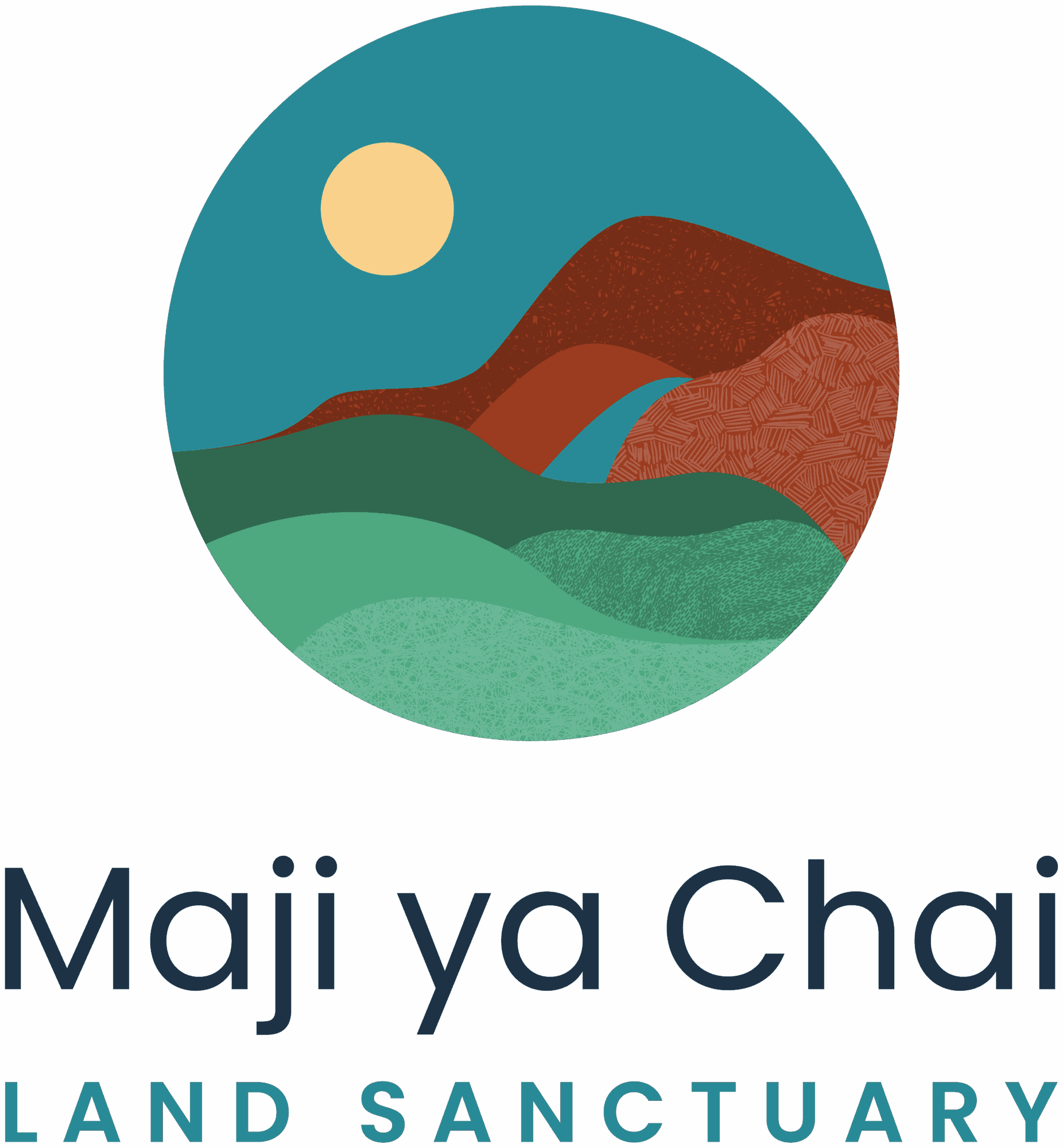 A circular logo with a landscape of hills, a waterfall, a sun, and the text 'Maji ya Chai LAND SANCTUARY'.