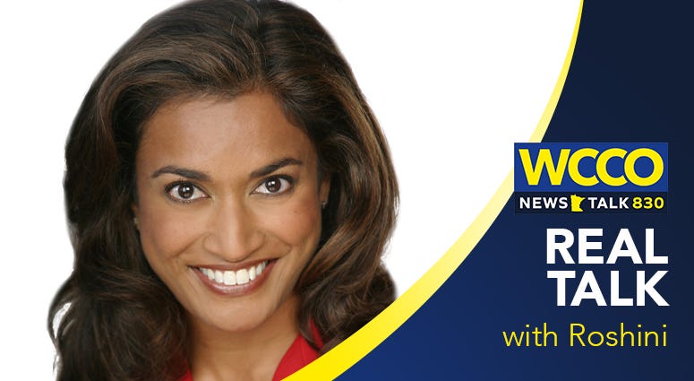 News logo with a smiling woman, text reads 'WCCO News Talk 830, Real Talk with Roshini'.