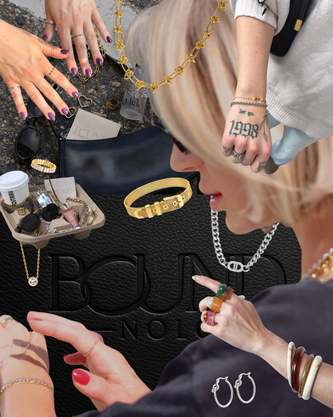 Close-up of a woman with blonde hair wearing jewelry, surrounded by hands, accessories, and a black bag, at a jewelry display.