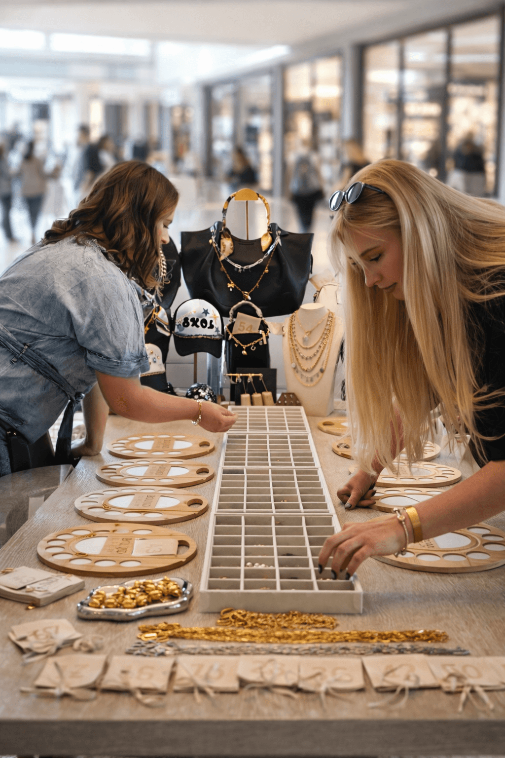 Two women browse jewelry at a market stall with necklaces and accessories displayed on tables, in a busy indoor shopping area.