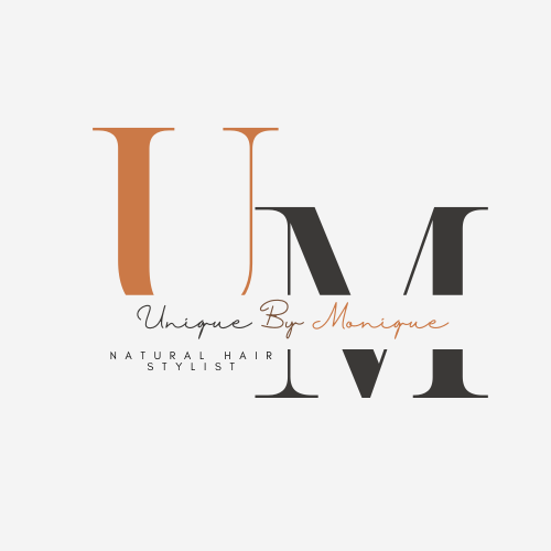 Logo with stylized letters and text reading 'Unique By Monique' and 'Natural Hair Stylist'.