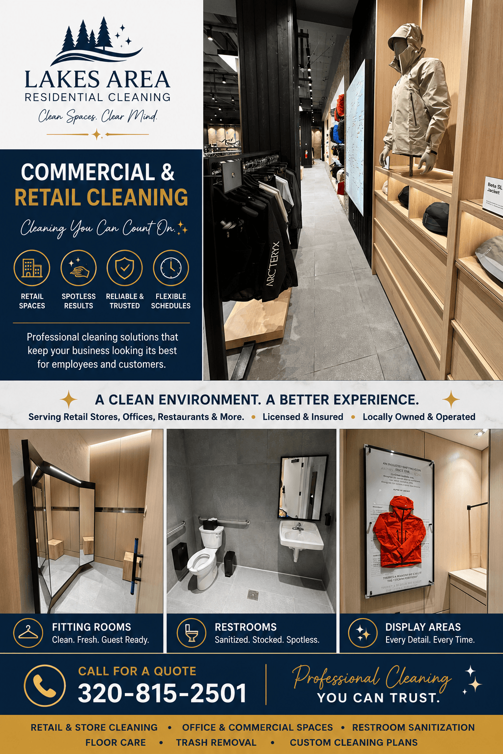 Advertisement for Lakes Area Residential Cleaning with images of cleaning services, restrooms, and display areas, and contact information.