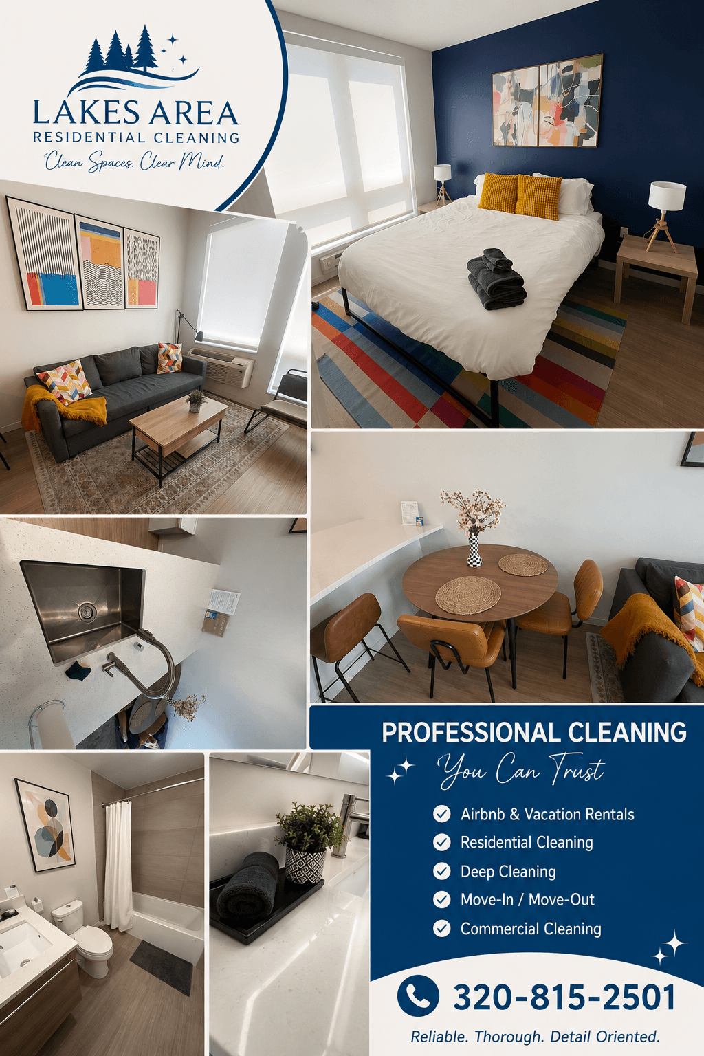 Collage of interior rooms including bedroom, living room, dining area, and kitchen, showcasing clean, modern spaces with furniture and decor.