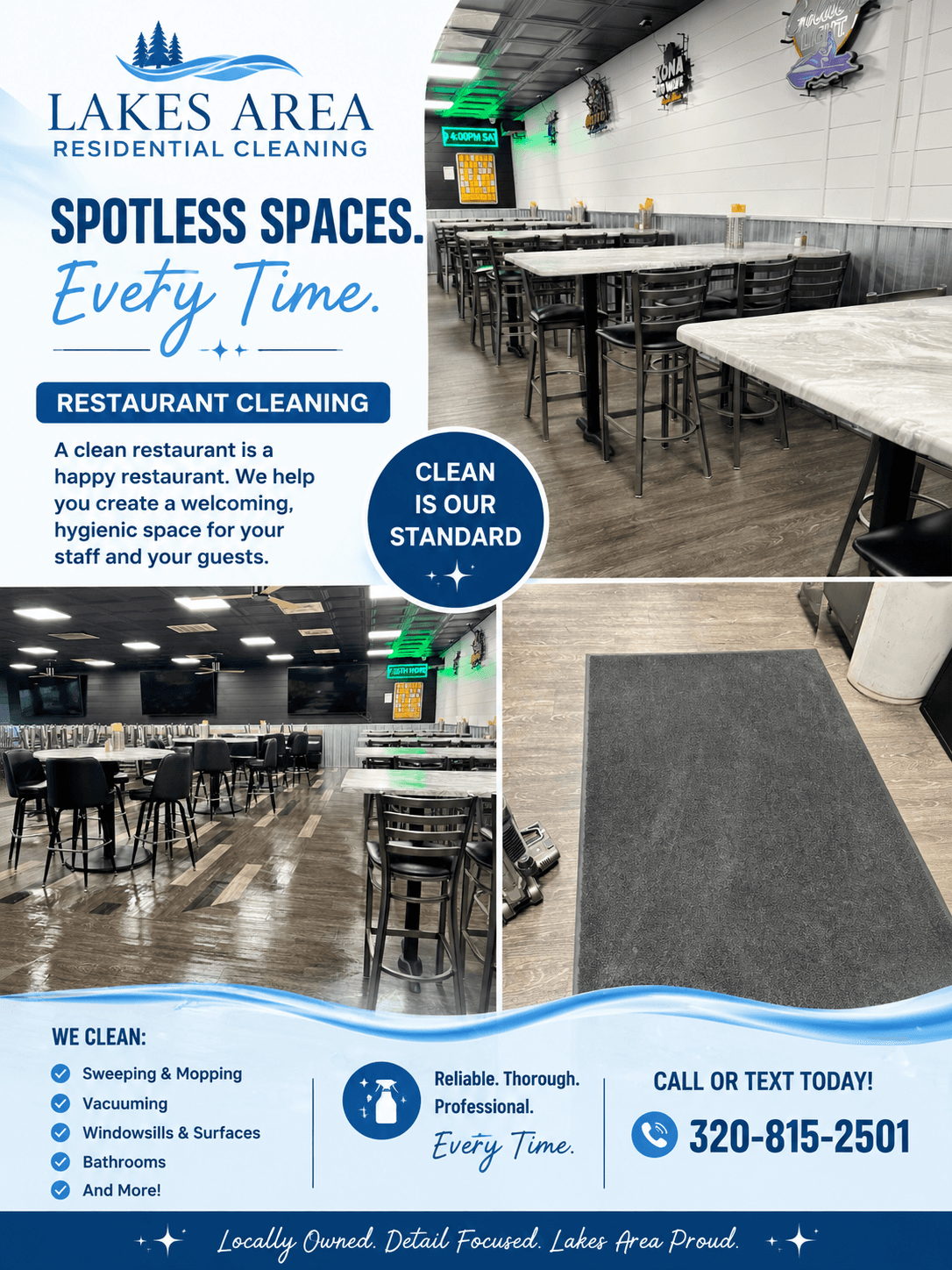 Clean restaurant interior with tables, chairs, and a gray mat, promoting spotless spaces and professional cleaning services.