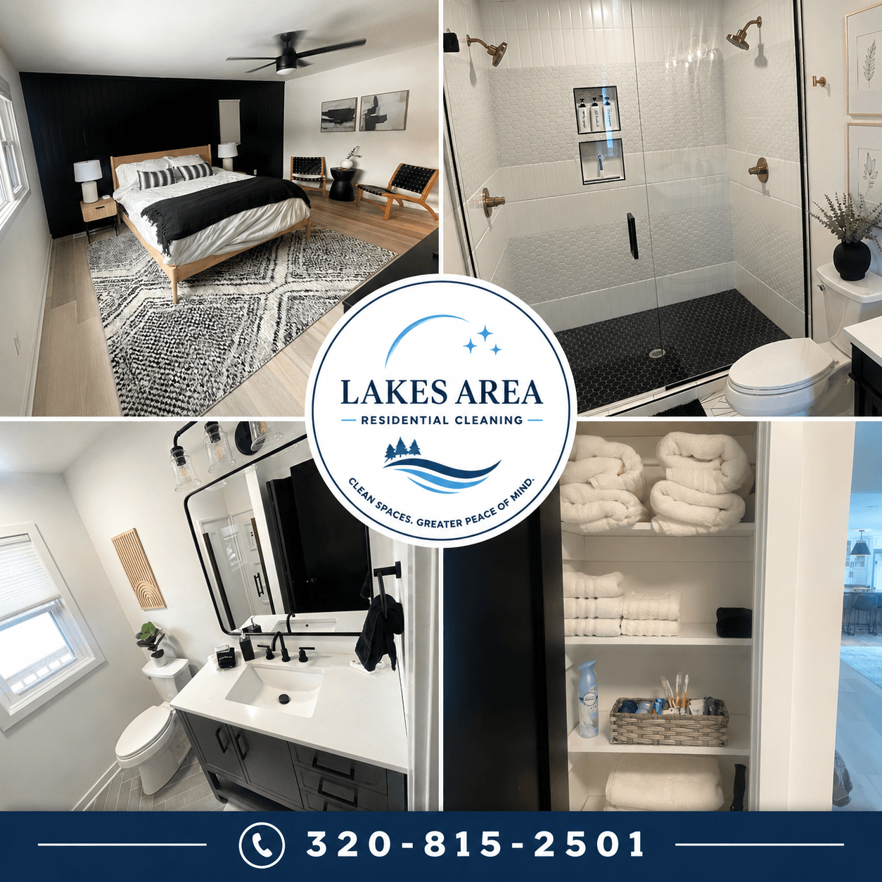 Collage of four images showing a bedroom, bathroom shower, bathroom sink, and bathroom shelves, with a lakes area cleaning logo in the center.