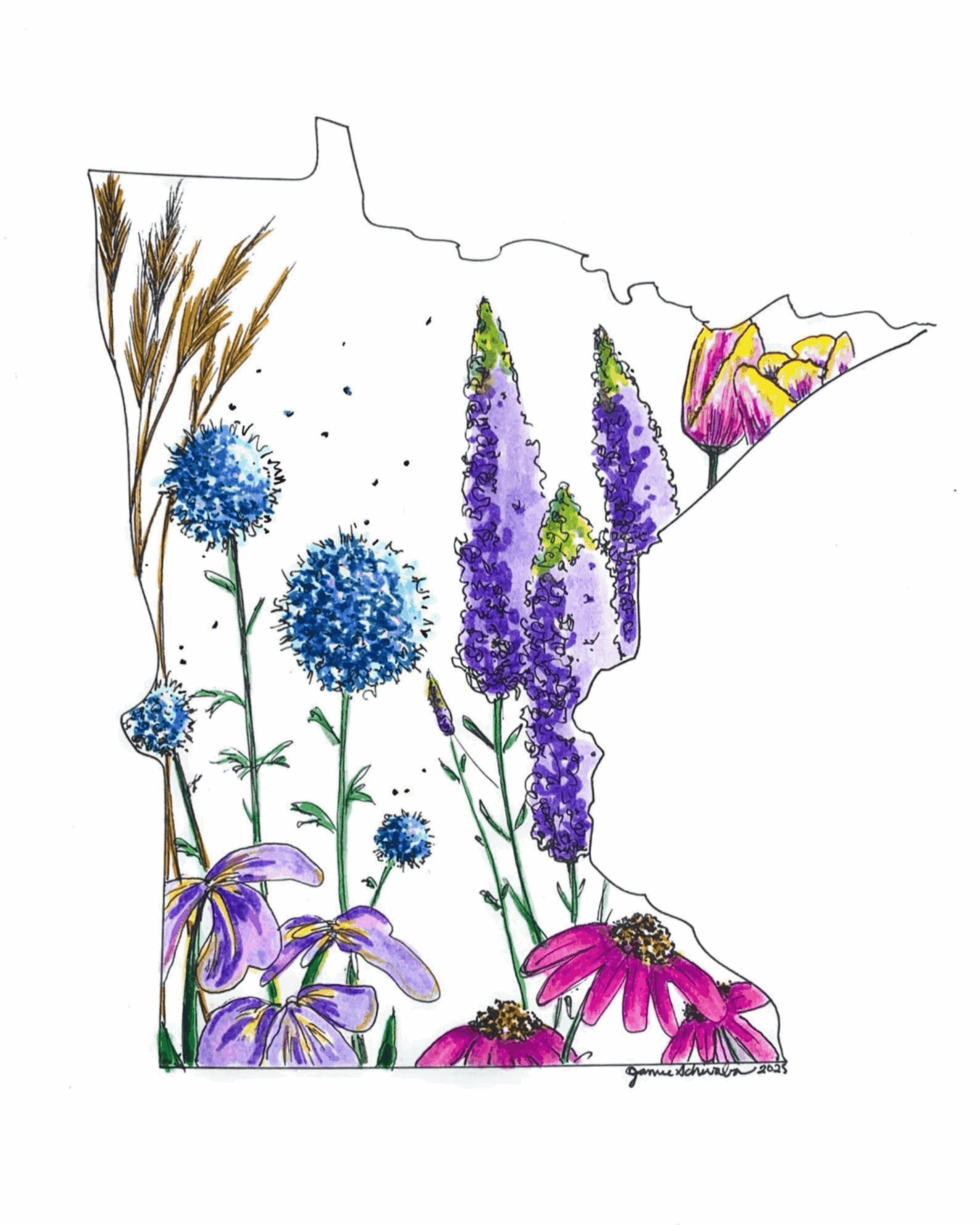 Outline of Minnesota filled with colorful flowers including purple, pink, and blue blooms, and tall grasses.