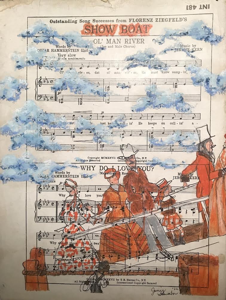 Sheet music titled 'Show Boat' with a colorful illustration of people on a boat deck, some in costumes, with blue watercolor stains.