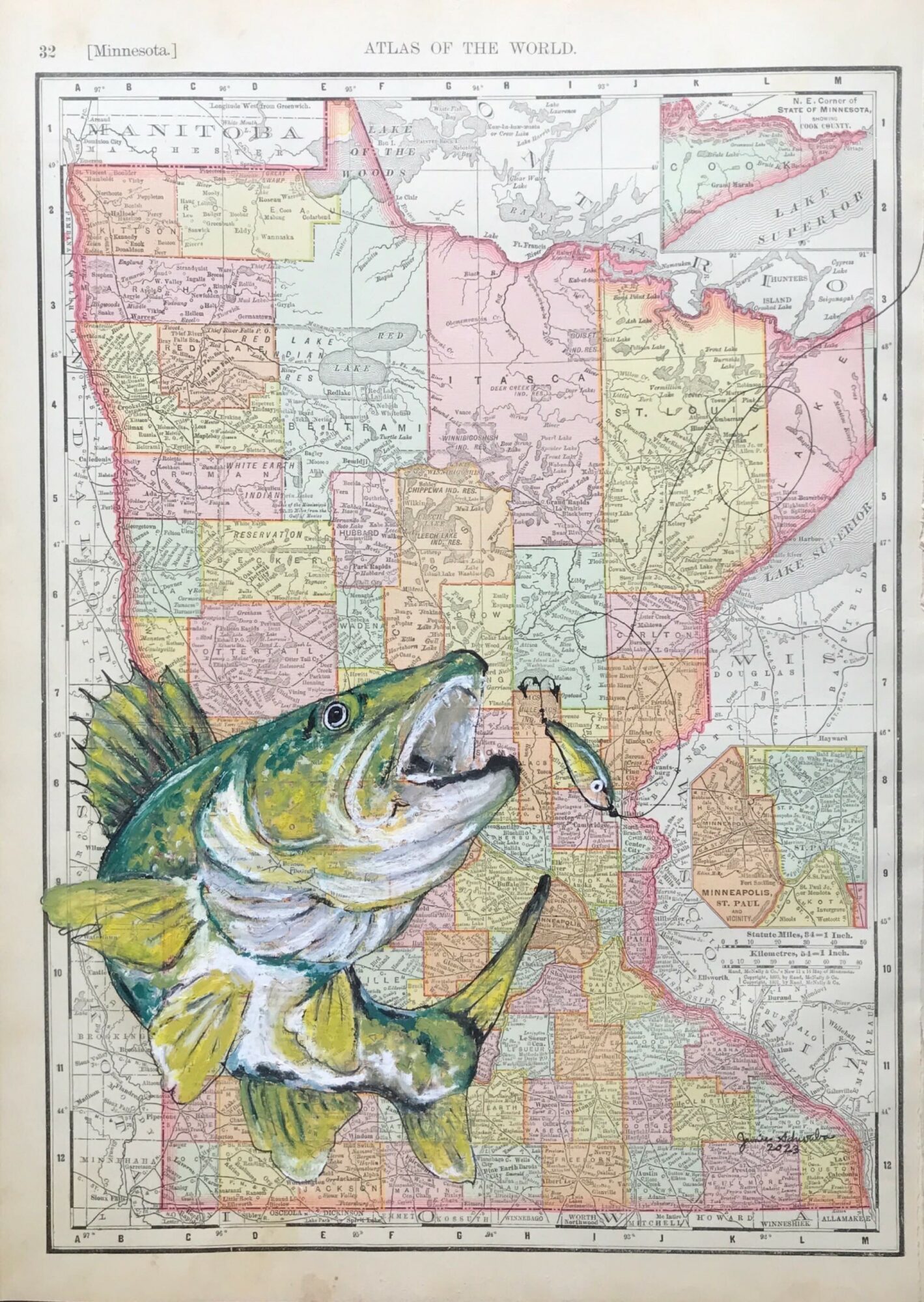 Map of the United States with a large, colorful fish illustration and a person holding a fishing rod, overlaid on the map.
