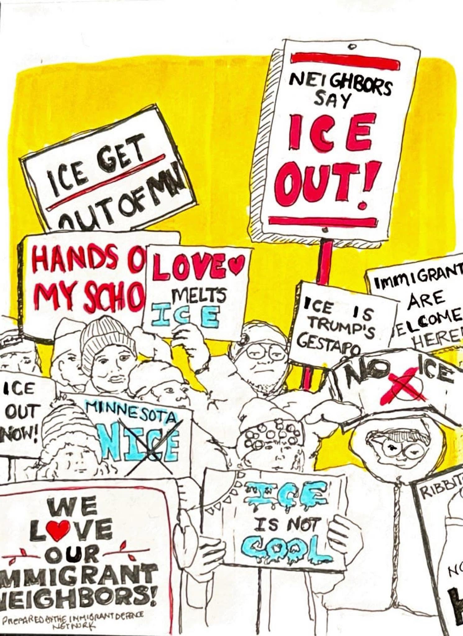 Protesters hold signs against ICE and immigration policies, including 'ICE GET OUT OF MY SCHOOL,' 'ICE OUT,' and 'NICE.'
