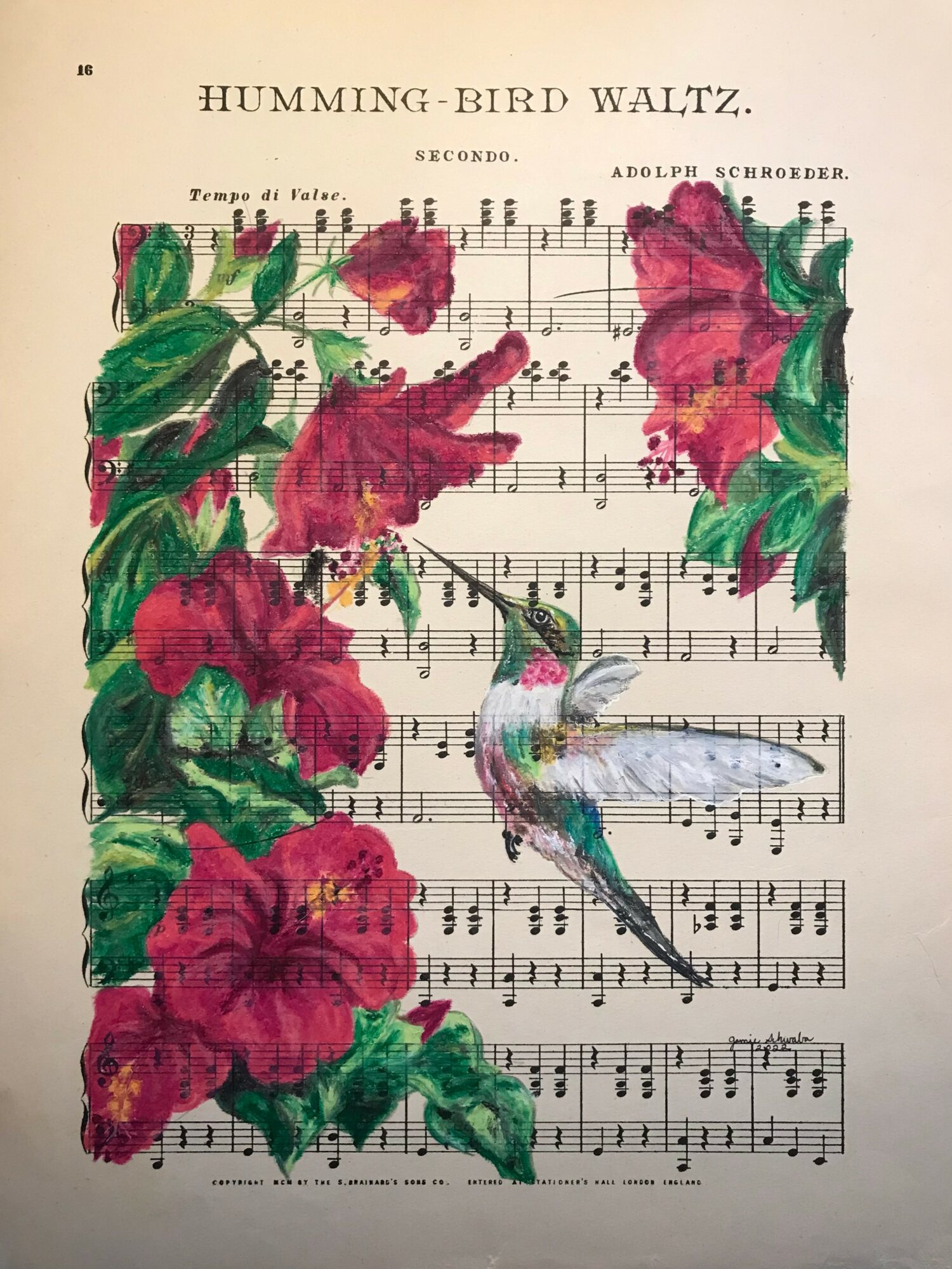 Sheet music titled 'Humming-Bird Waltz' with colorful flowers and a hummingbird illustration overlay.