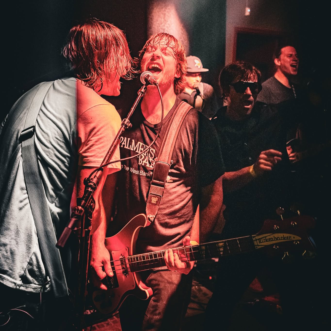Group of people singing and playing guitar at a concert, with one person in the center singing into a microphone.